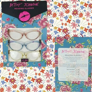 Betsey Johnson 3 Pk Pink-Blue-Yellow Cat-Eye Frames Reading Glasses +1.50